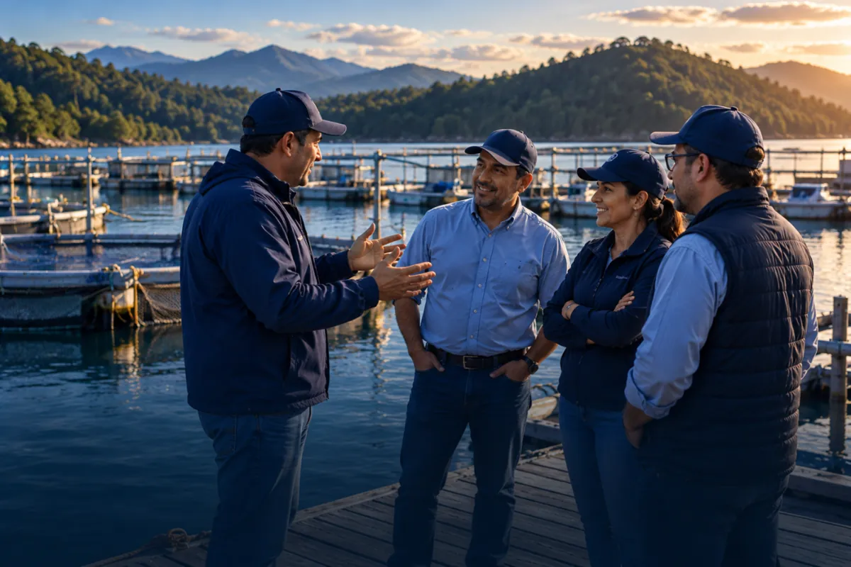Productores y técnicos de la acuicultura conversan sobre un muelle frente a balsas de cultivo