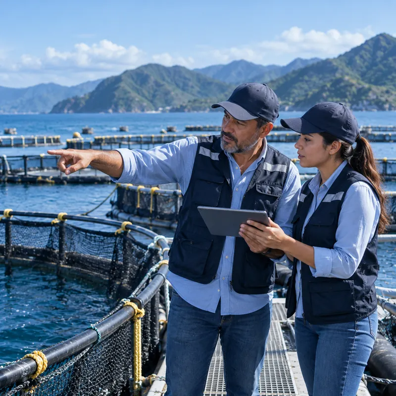 Consultores revisan datos de producción en una granja de jaulas marinas