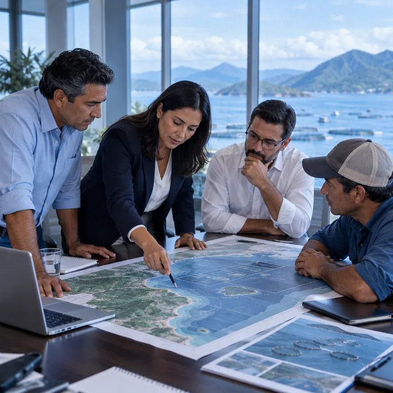 Funcionarios de pesca y acuacultura revisan con un productor un mapa de ordenamiento acuícola