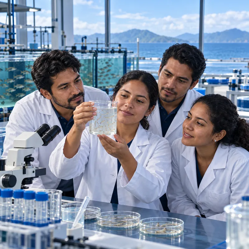 Equipo de investigadores en un laboratorio de acuicultura