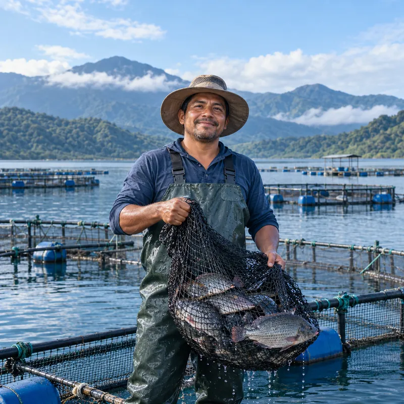 Acuicultor con una red junto a jaulas flotantes de tilapia en un lago