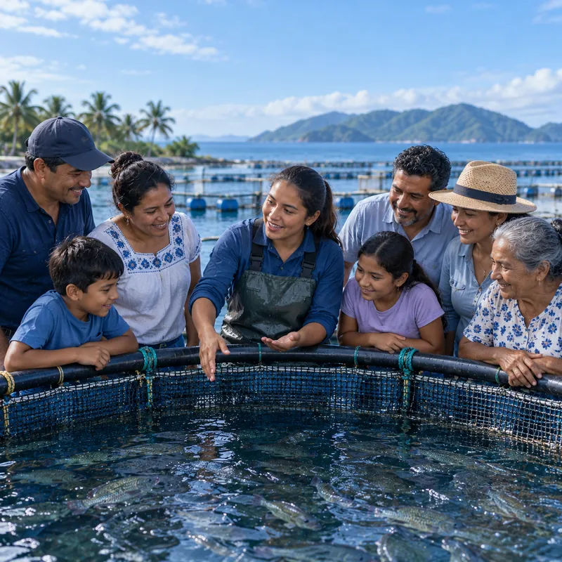 Familias de una comunidad costera conocen un tanque de peces en una granja acuícola