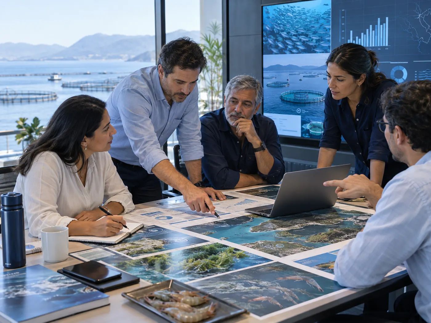 Equipo de especialistas colaborando sobre mapas y proyectos acuícolas