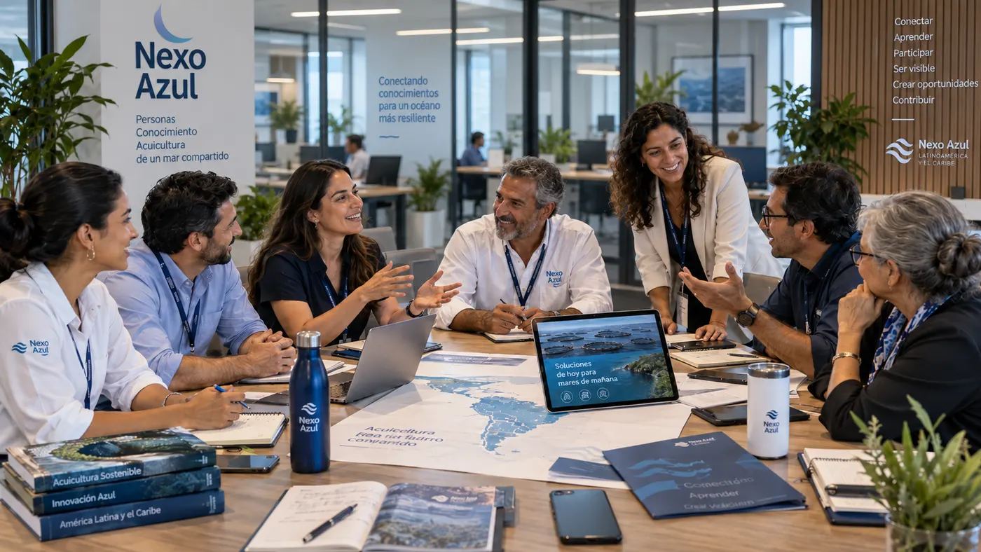 Profesionales de la acuicultura reunidos en una sesión de trabajo de Nexo Azul