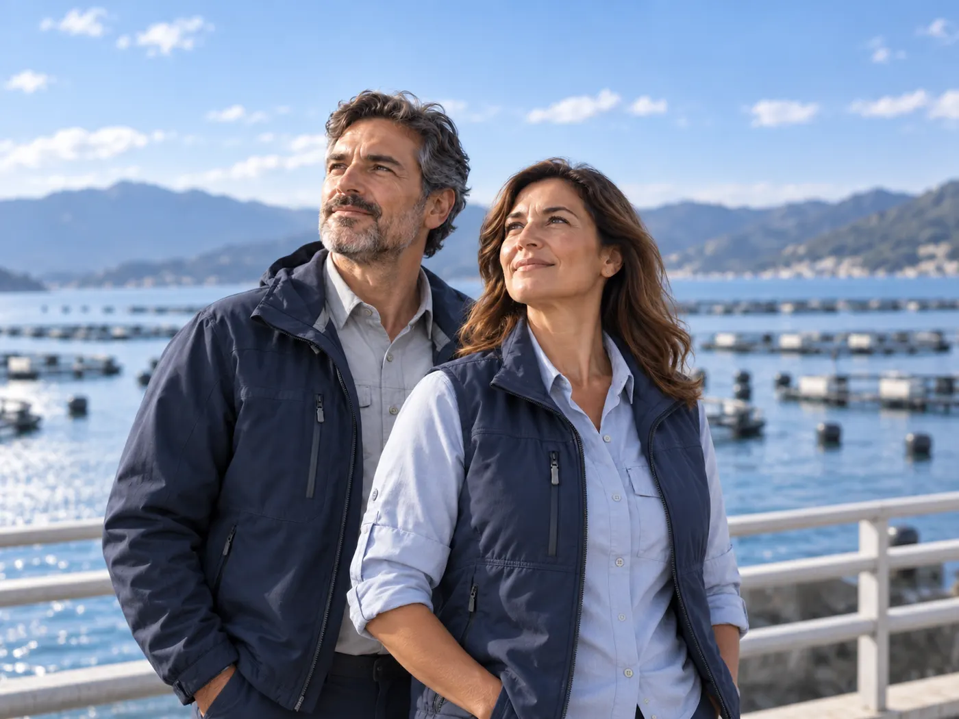 Líderes de la acuicultura frente a una granja de cultivo en el mar